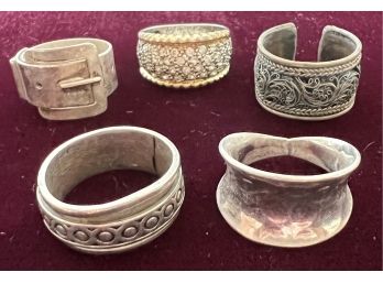 Lot (5) Miscellaneous .925 Silver And Silver Plated Rings Buckle - Moveable Outer Ring