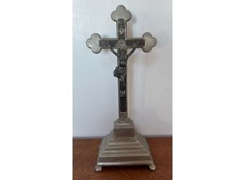 Antique European Silver Alter Crucifix Etched Illustrations On Tiered Base Free Standing 9.5' X 4'
