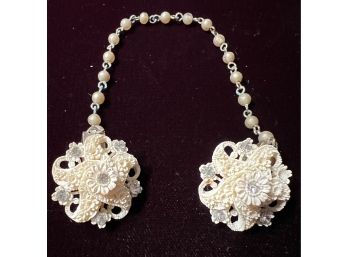 Vintage Celluloid White Flower With Rhinestones Sweater Clip Pearl Link Chain
