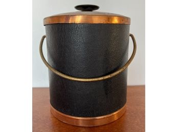 Mid Century Leather And Copper Ice Bucket 8.5' Tall X 8' Across Top