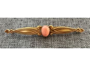 Vintage Gold Brooch Pin With Peach Pink Stone Etched Design 3' Across 4.67 Gram Weight