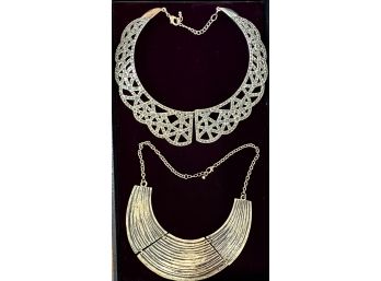Two (2) Brass And Rhinestone Collar Choker Necklaces