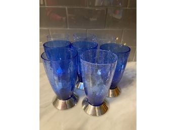 Eight Nick Munroe Dark Blue And Light Blue Crackle Art Glasses With Pewter Bases - #6
