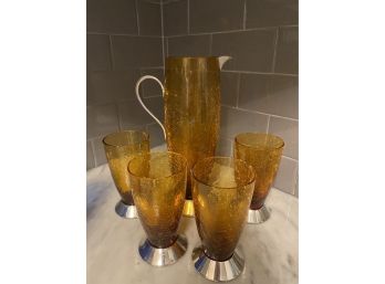 Nick Munro Crackle Art Glass Pitcher Plus 4 Glasses With Pewter Bases - #5
