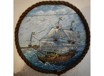 Round Oil On Board Ship Painting 20T