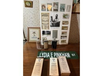 Lot Of 7 Lydia Pinkham Bottles, Trade Cards, Street Sign, Embroidery Framed & Picture