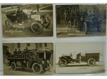 Lot Of 4 Early 1900's RPPC Fire Trucks, Brockton, MA