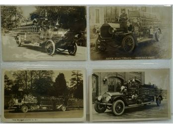 Lot Of 4 Early 1900's RPPC Fire Trucks, Hopedale, MA, Milton, MA , Conway, NH