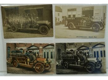 Lot Of 4 Early 1900's RPPC Fire Trucks, Millenocket ME, Lowell, MA,  Auburn, Ny