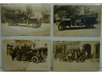 Lot Of 4 Early 1900's RPPC Fire Trucks, Peterborough, NH, Laconia NH, Omeonta , NY