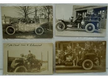 Lot Of 4 Early 1900's RPPC Fire Trucks, Wrentham, MA, Wells Ville, NJ