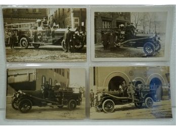 Lot Of 4 Early 1900's RPPC Fire Trucks, Moline, IL, Danbury, CT, Ashtabula OH