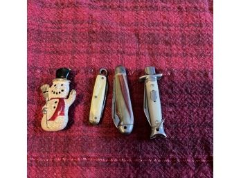 Lot Of 4 Snowman Pin, 3 Mini Knives