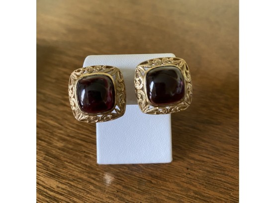 14K Yellow Gold And Large Garnet Earrings Made In Italy-21
