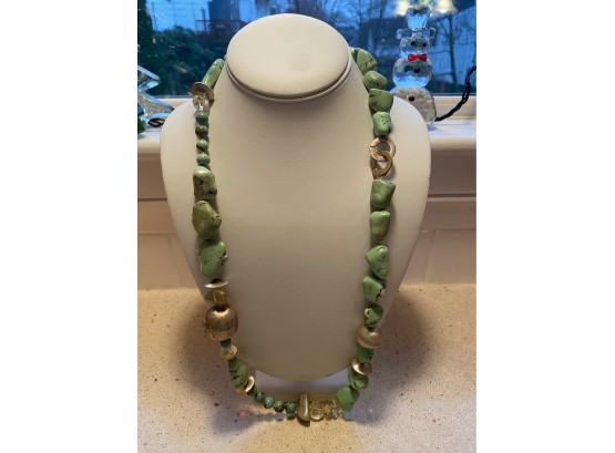 Long Green Turquoise Nugget Necklace With Clear And Silver Tone Beads - 30