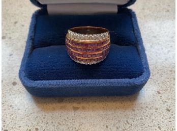14k Yellow Gold Diamond & Pink Sapphire Wide Band Ring - 26