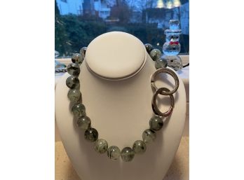 Green & Black Semi Precious Bead Necklace With Decorative Sterling Silver Clasp - 23