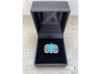 14K Yellow Gold Moon Stars Ring With Turquoise & Diamonds - 22