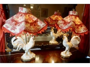 Spectacular Pair Of Rooster White & Gold Boudoir  Lamps W/ Custom Hand Made Red Lamp Shades