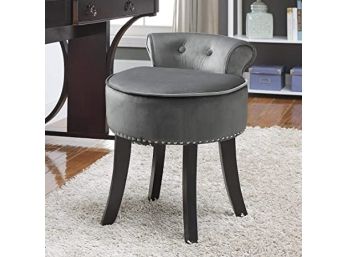 #53 Inspired Home Taylor Velvet Contemporary Nail Head Trim Rolled Back Vanity Stool Light Grey