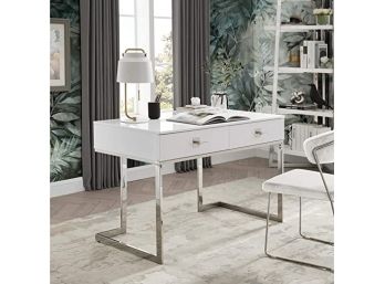 #142 Nicole Miller Desk - White/Chrome Design: Mandisa 2 Drawers High Gloss Lacquer Finish