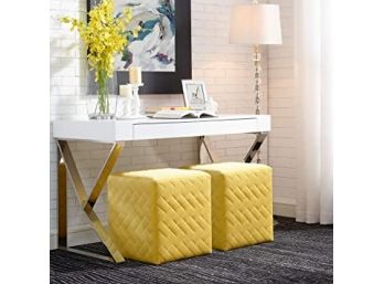 #144 SINGLE Alexis Velvet Brick Quilted Cube Ottoman, Yellow