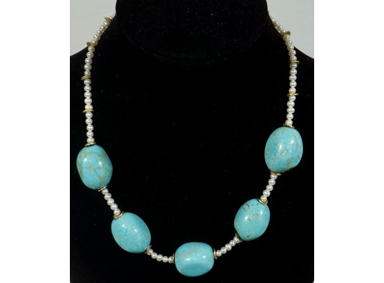 Turquoise & Pearl Necklace 16''