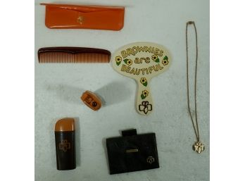 7 Piece Vintage Brownie Items Including Mirror, Comb, Flashlights, Charm,  Wallet