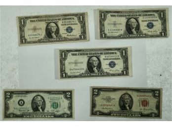 3  X $1 Silver Certificates - 1935 , E, F,  2  X $2 Bills - 1 Red Seal 1953 , 1976