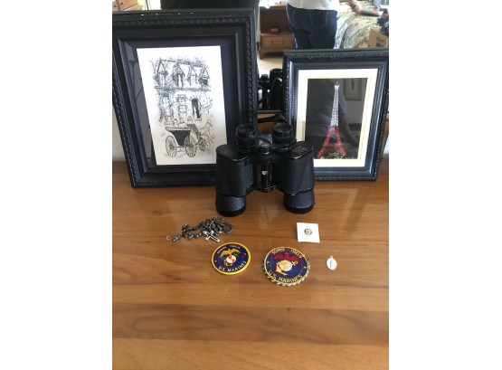 Misc. Lot Binoculars, Rosary Beads, US Marine Patches & 2 Pictures