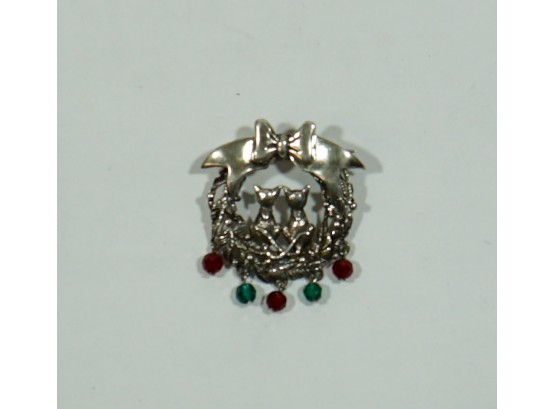 Sterling 2 Cats In A Wreath Pin 1 1/2'