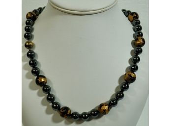 22' Hematite, Embossed Gold Bead Necklace