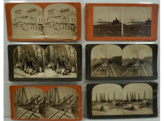 Lot Of 6 Stereo Views (Real Picture) Wawcna CA, Main St LA Oil Field, Beaumont TX, Fall River Ferry, Railway