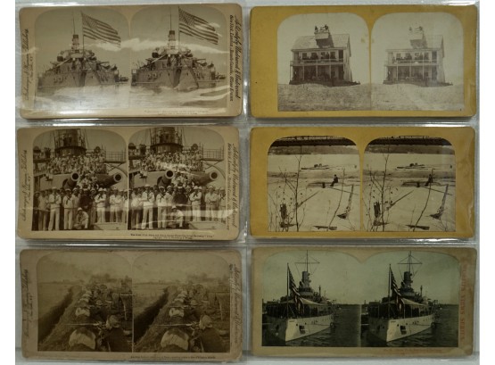 Lot Of 6 Stereo Views (Real Picture) US Battleships,1899 American Soldiers Pasay Phillipines, Salisbury Beach