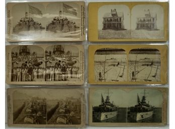 Lot Of 6 Stereo Views (Real Picture) US Battleships,1899 American Soldiers Pasay Phillipines, Salisbury Beach