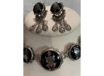35. Vintage Silver Thailand Black Necklace & Earrings Set, Mid Century.