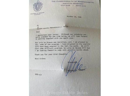 Signed 1976 Letter From Governor Michael S. Dukakis, With Envelope