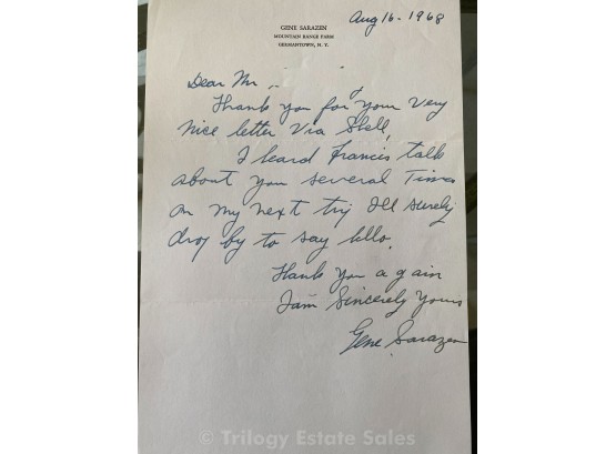 Signed Letter From Gene Sarazen, American Professional Golfer