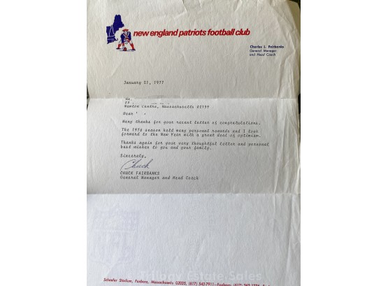 Signed 1977 Letter From Chuck Fairbanks On New England Patriots Letterhead