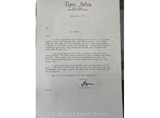 Byron Nelson Signed Letter