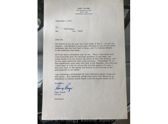 Gary Player Signed Letter, Golfer