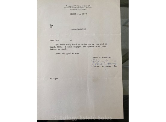 Signed Letter From Robert T Jones, Jr, American Golfer