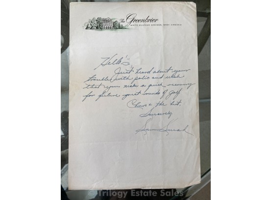 Sam Snead Letter, Signed On Greenbrier Stationery