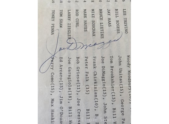Joe DiMaggio Autograph On 12th Annual Tony Lema Memorial Tournament Roster