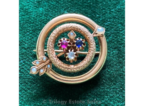 14k Gold Arrow And Circles Brooch With Diamond, Ruby, And Sapphire
