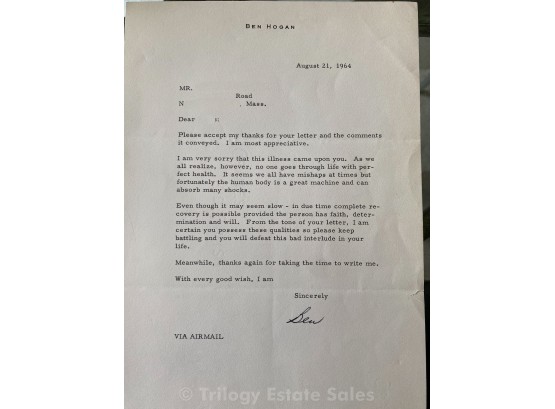 Ben Hogan Signed Letter, 1964 American Professional Golfer