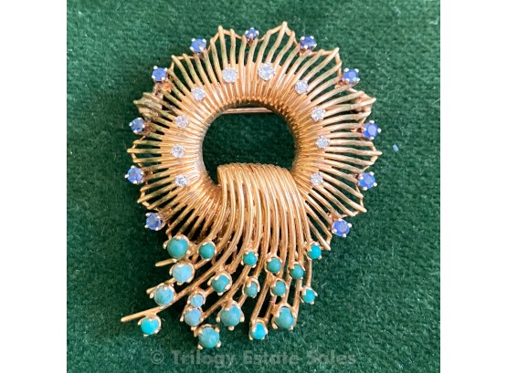 18k Yellow Gold Brooch With Diamonds And Sapphires