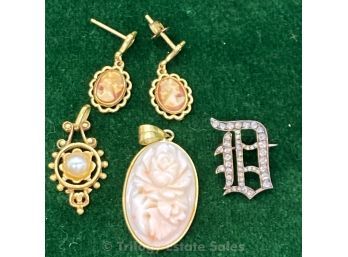 14k Gold Pearl Pendant, Cameo Earrings, Coral Pendant