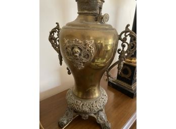 Brass Lamp With Ornate Side Handles, Stand And Cherub Details
