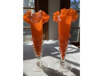 Pair Of Vintage Hand Blown Ruffled Edge Orange & White Cased Glass Vases